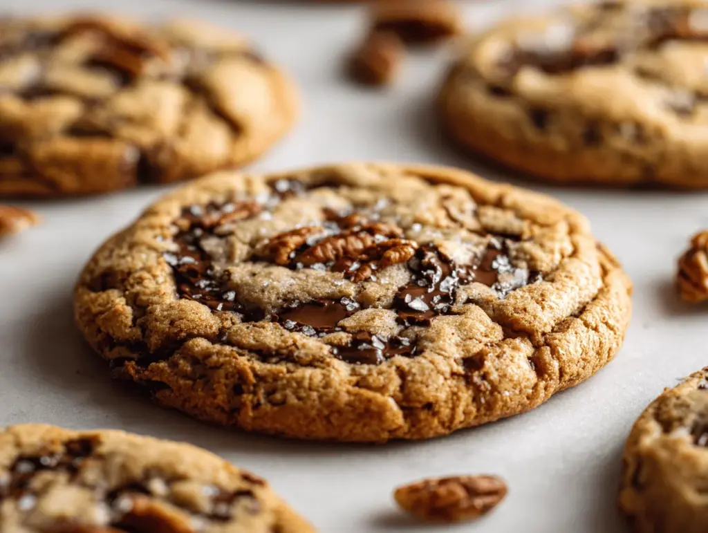 brown butter pecan chocolate chip cookies - featured image