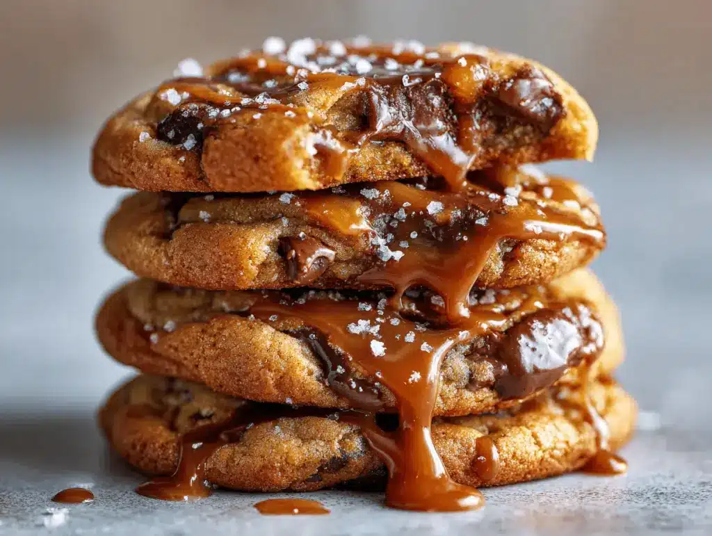 brown butter salted caramel chocolate chip cookies - featured image