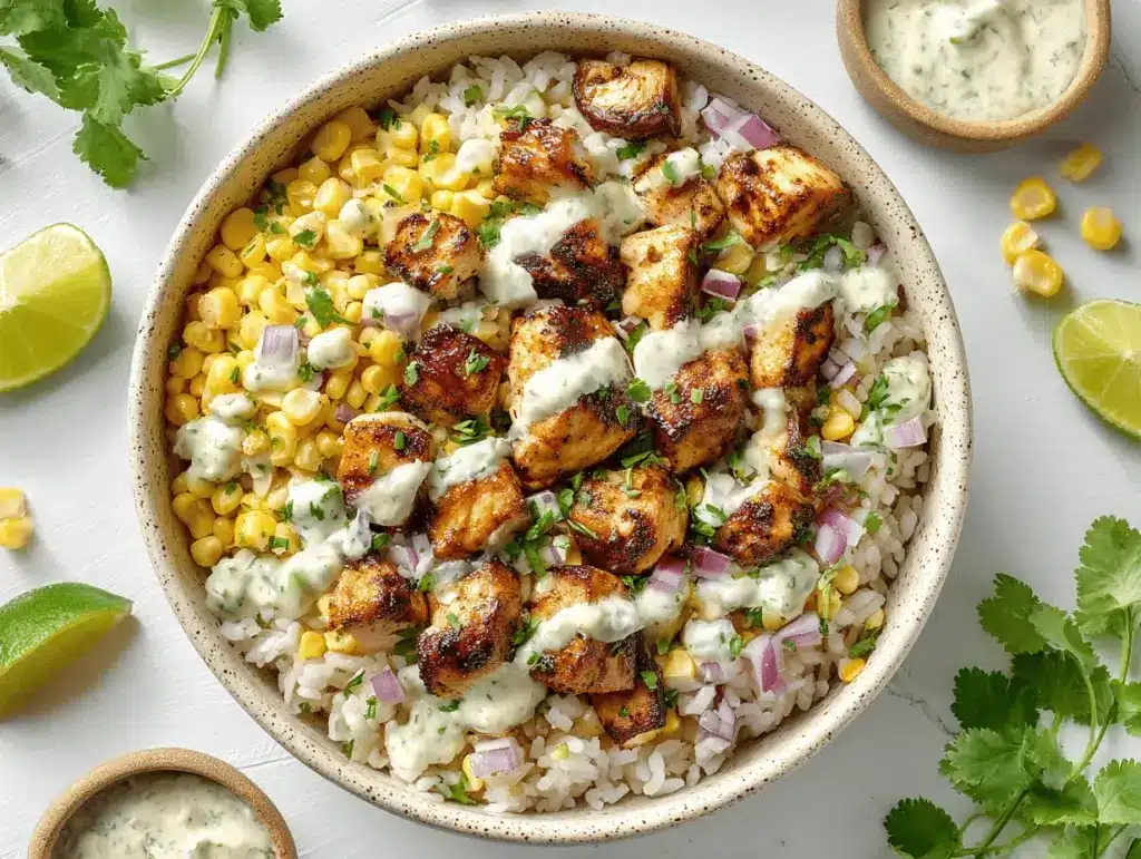 chipotle ranch street corn chicken rice bowl - featured image