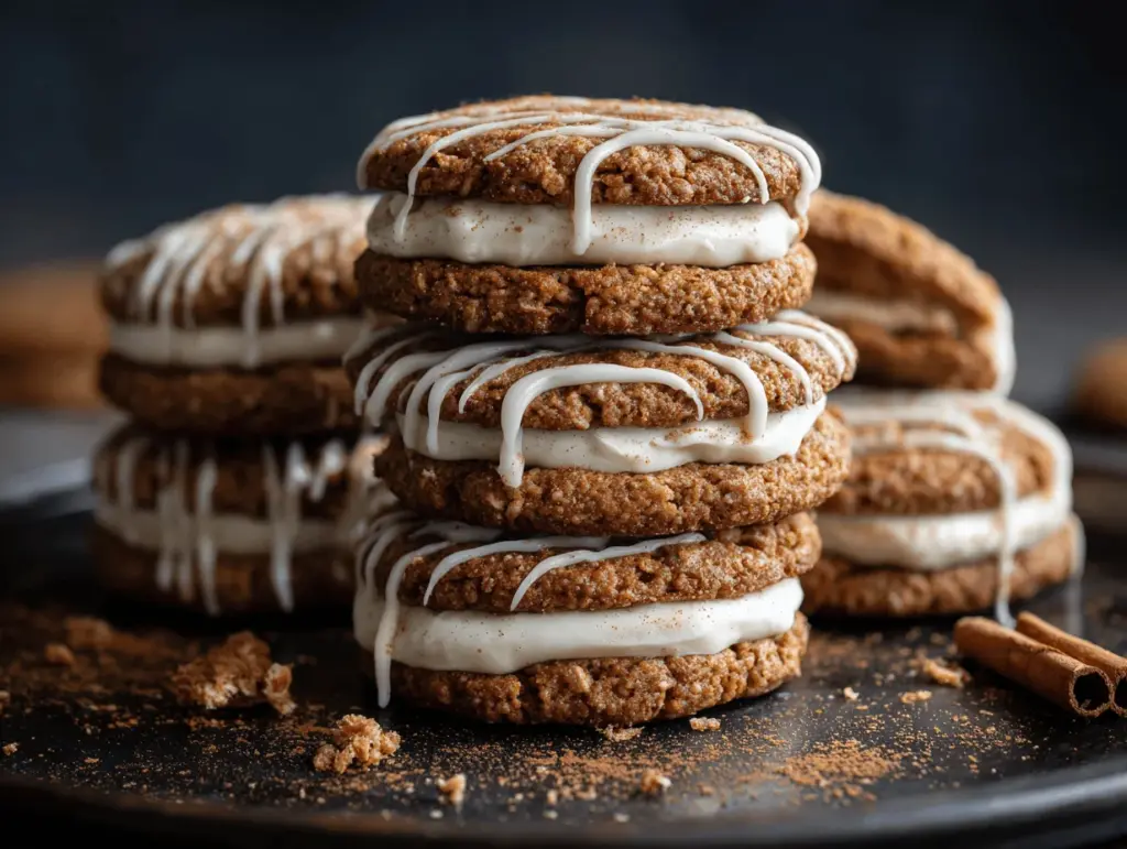 cinnamon roll oatmeal cookie sandwiches - featured image