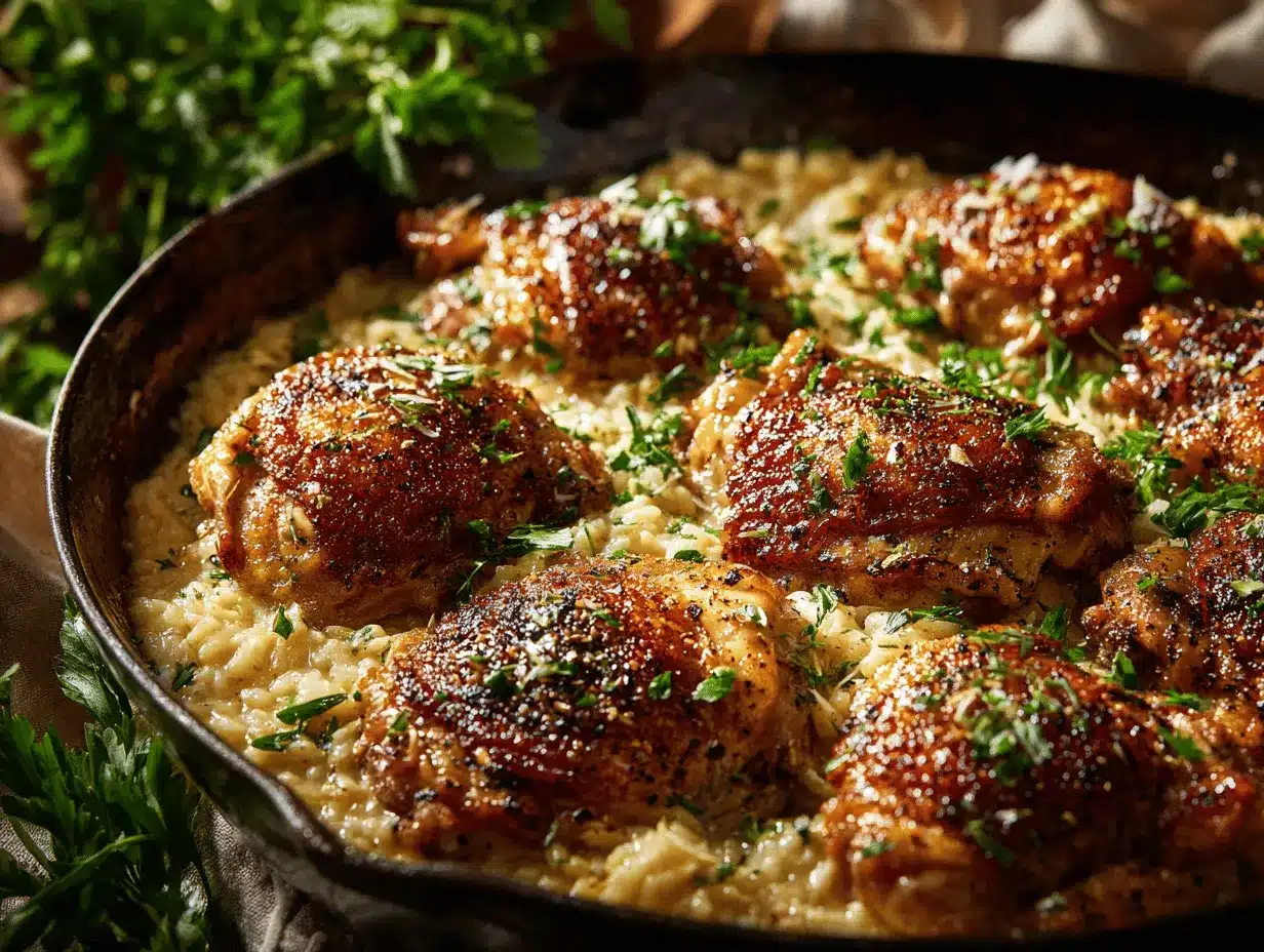 Creamy Tuscan chicken and parmesan rice skillet preparation steps