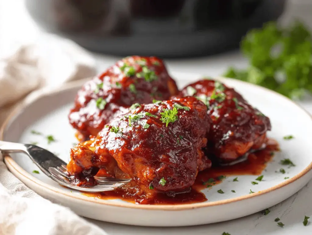 Honey Bourbon Crockpot BBQ Chicken Thighs - featured image