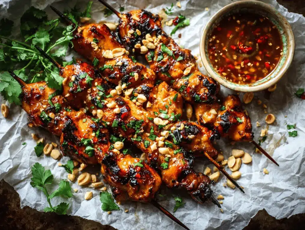 sticky honey garlic chicken skewers - featured image