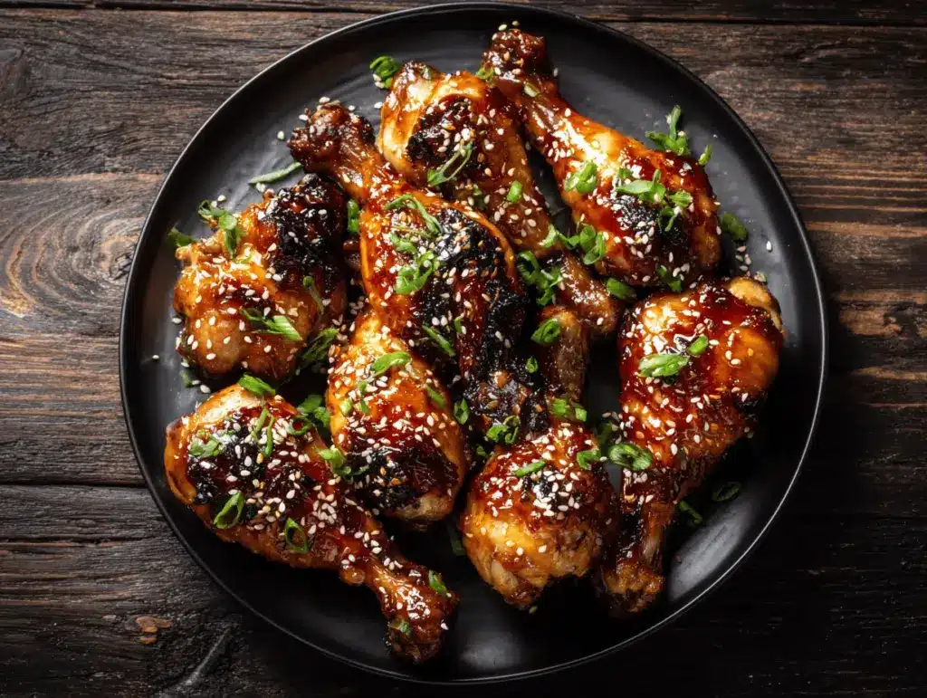 sticky honey garlic sriracha drumsticks - featured image