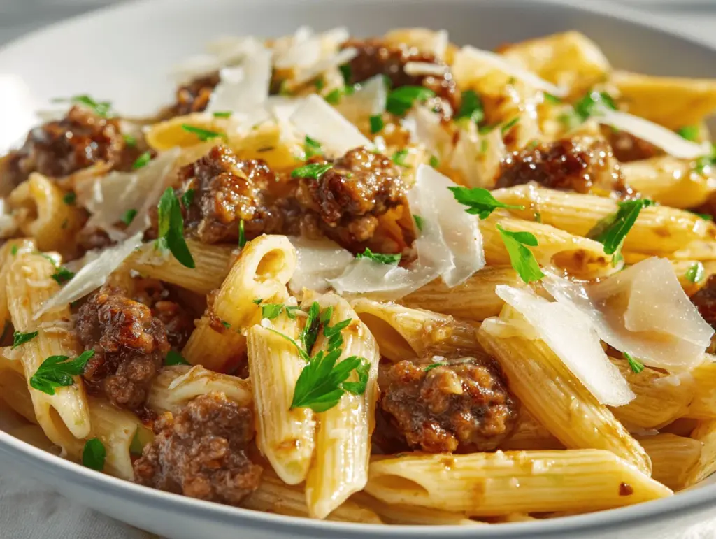 cheesy penne with garlic butter ground beef - featured image