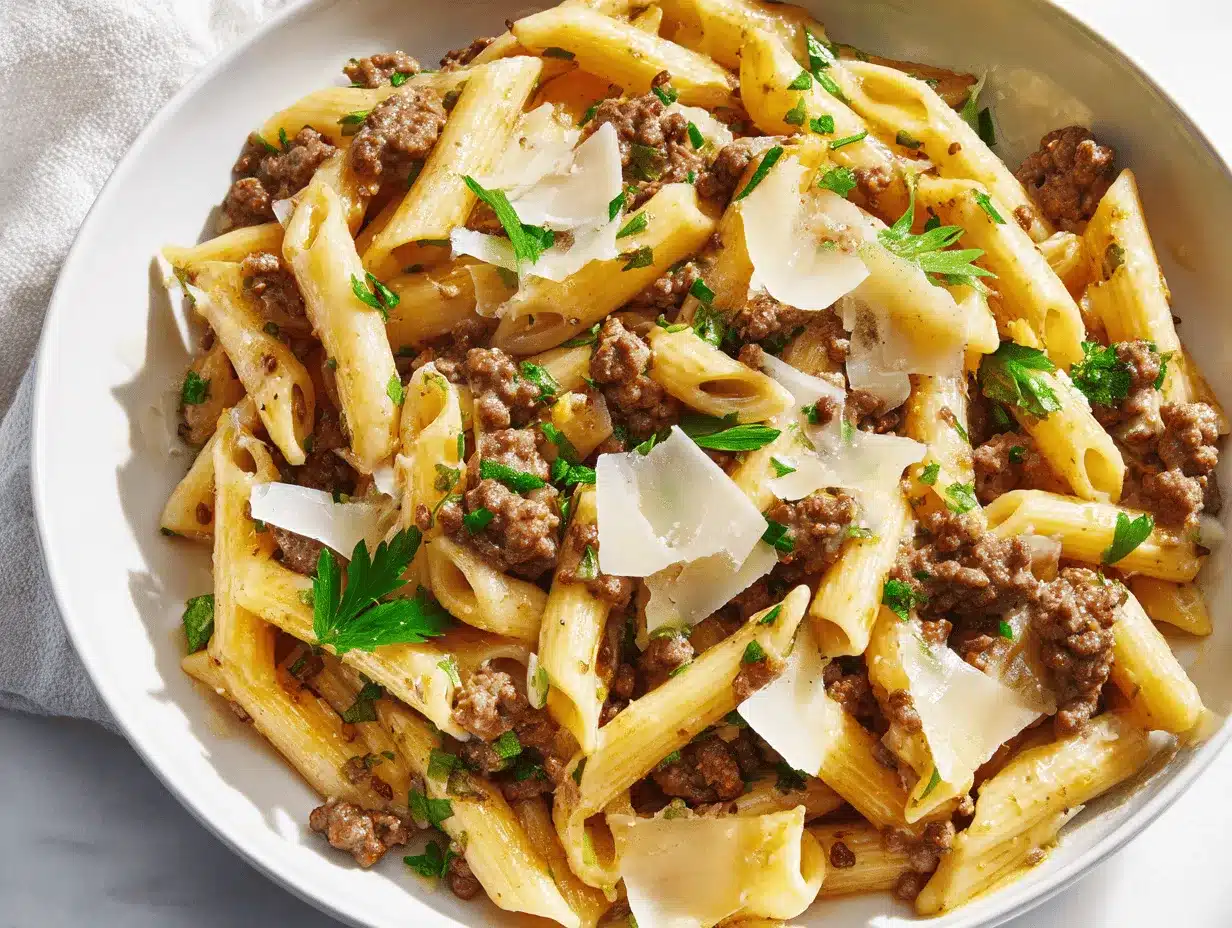 cheesy penne with garlic butter ground beef preparation steps