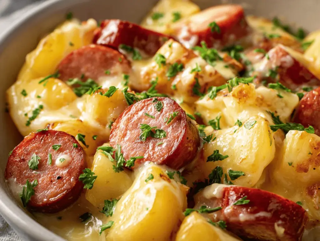crockpot cheesy potatoes and kielbasa - featured image