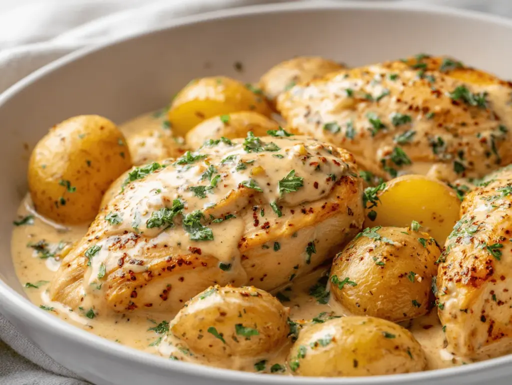 crockpot garlic parmesan chicken and potatoes - featured image