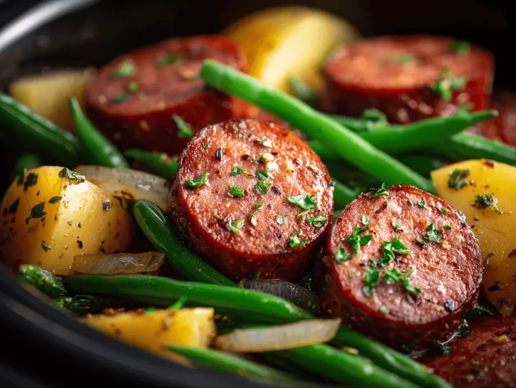 crockpot kielbasa and green beans - featured image