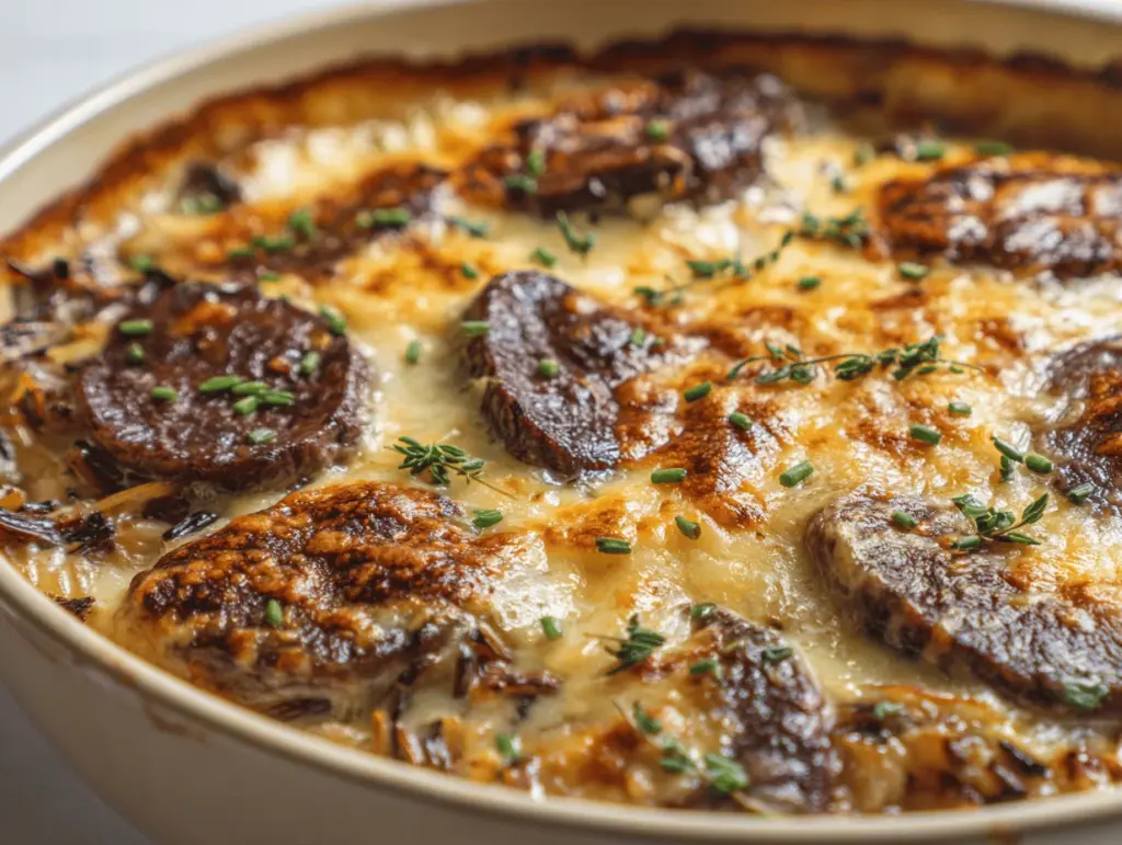 Gruyère French Onion Beef and Wild Rice Gratin - featured image