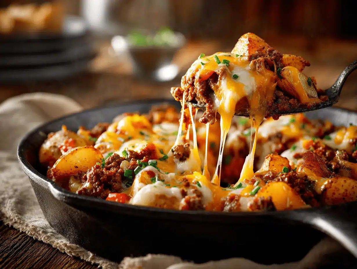 loaded potato skillet with beef preparation steps