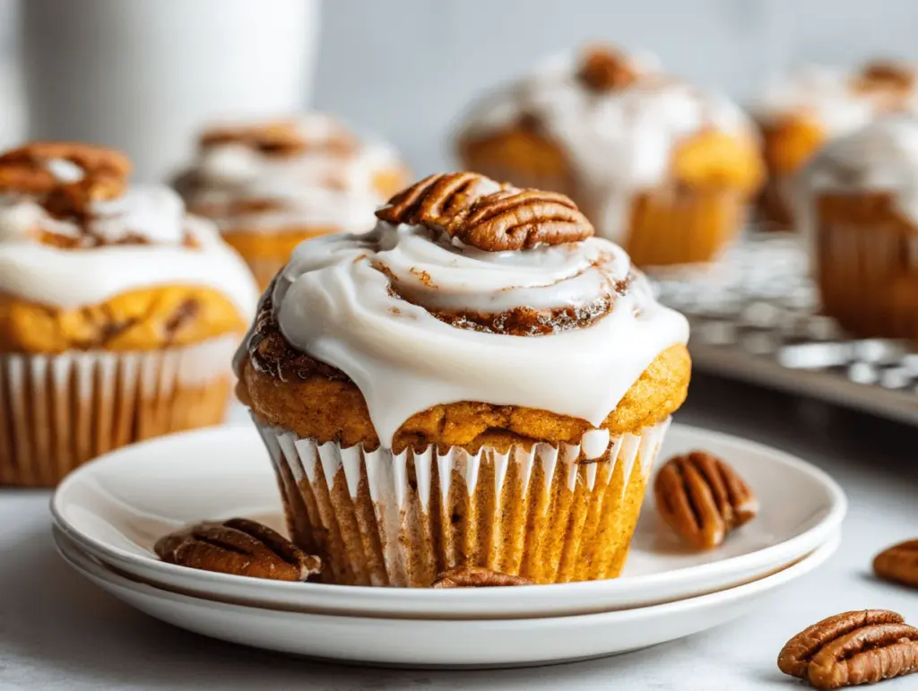 maple pecan pumpkin cinnamon roll muffins - featured image