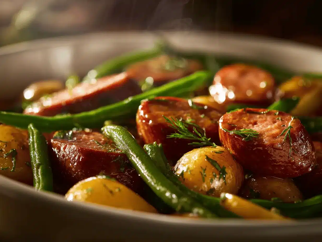 Polish kielbasa with green beans and potatoes preparation steps