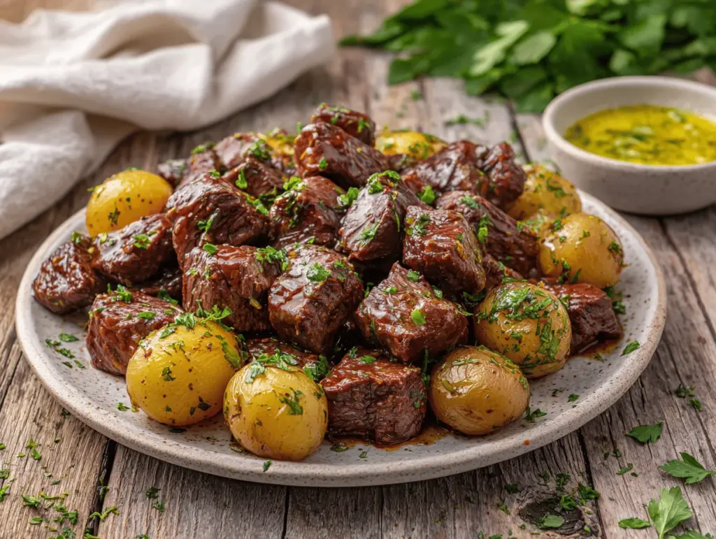 slow cooker garlic butter beef bites - featured image