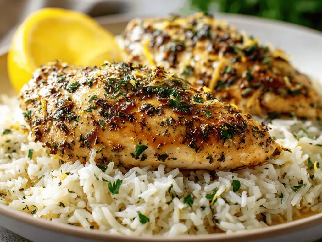 slow cooker lemon herb chicken and rice - featured image