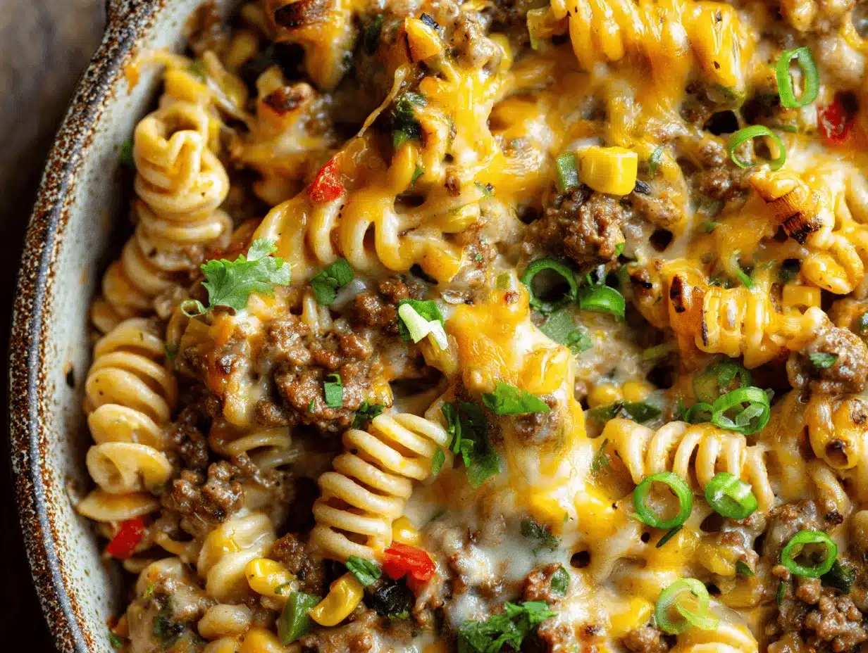 Tex-Mex street corn pasta with beef preparation steps