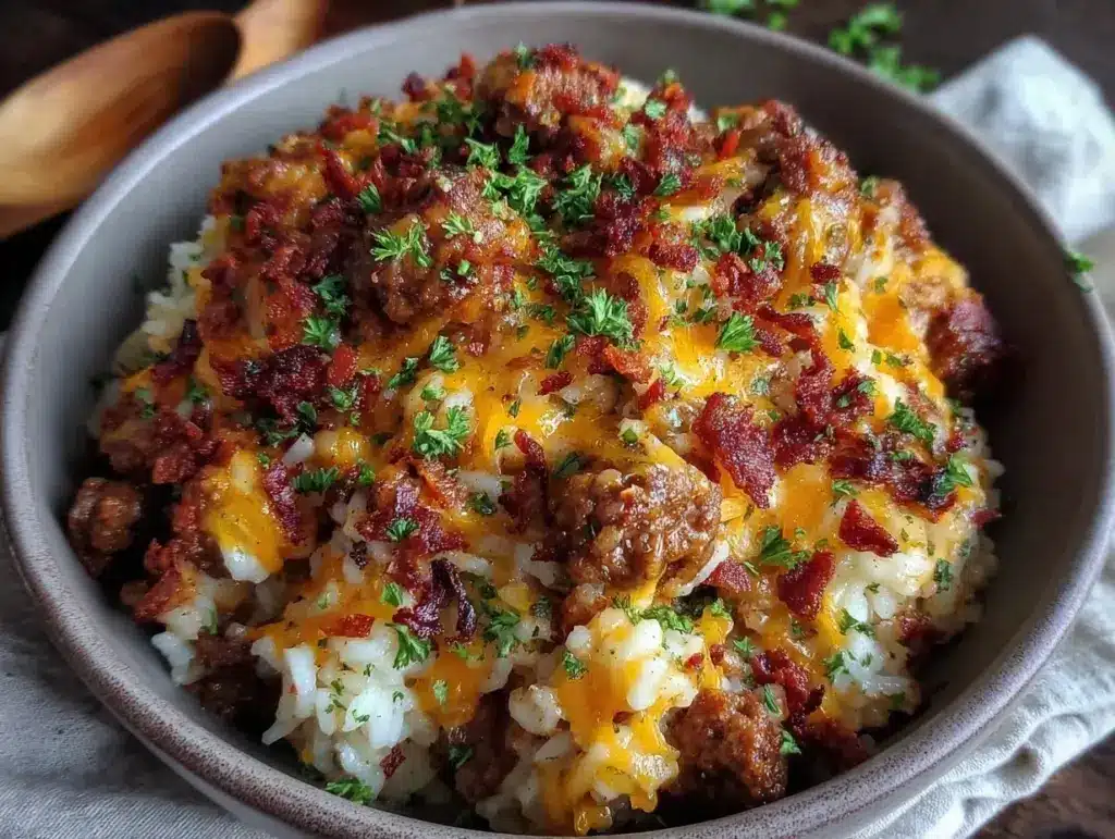 cheesy hamburger rice casserole - featured image