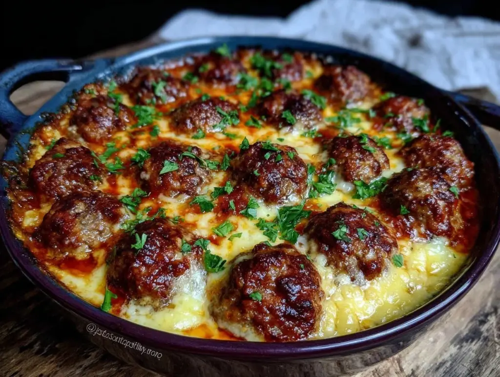 cheesy meatball casserole - featured image