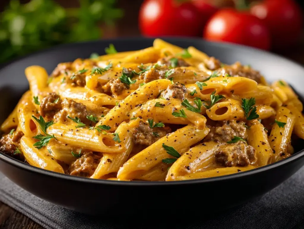 creamy beef pasta - featured image