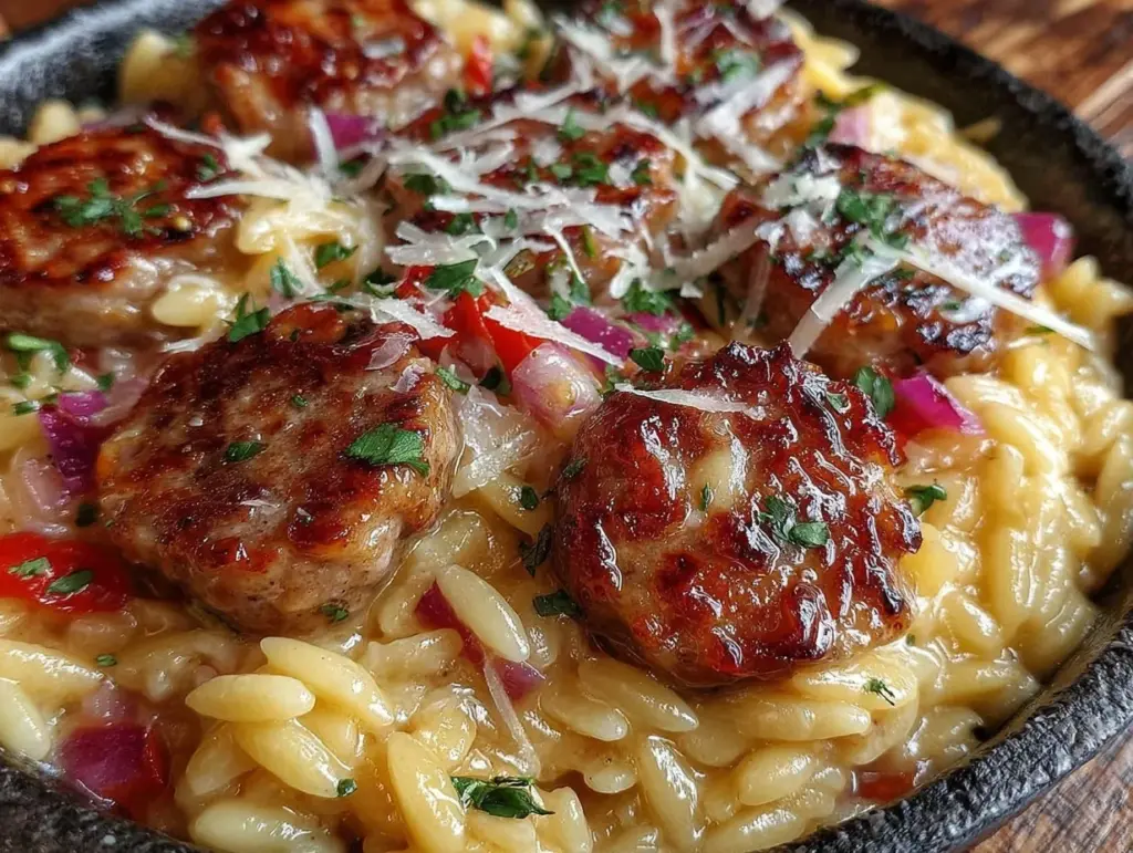 garlic butter sausage and orzo - featured image