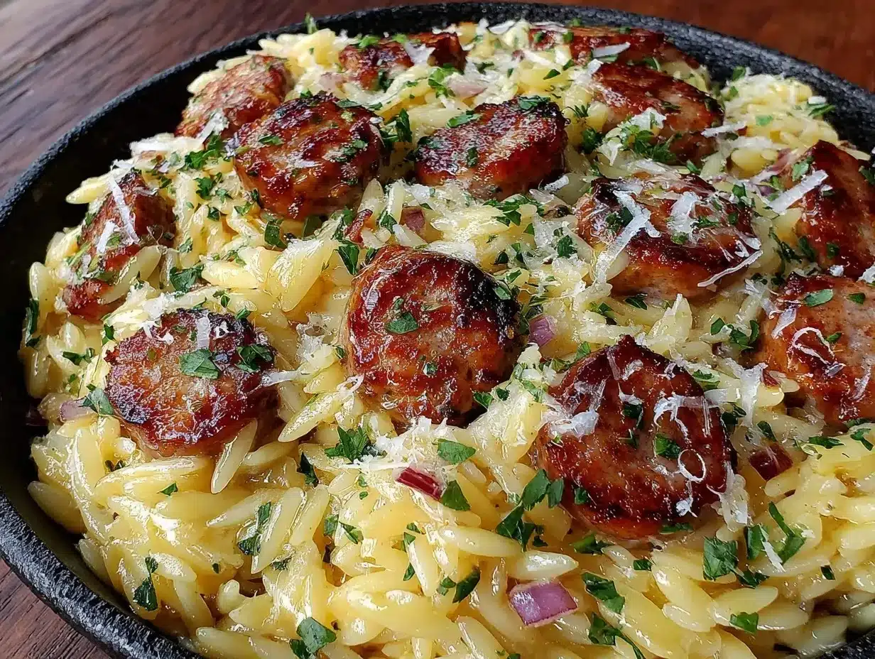 garlic butter sausage and orzo preparation steps