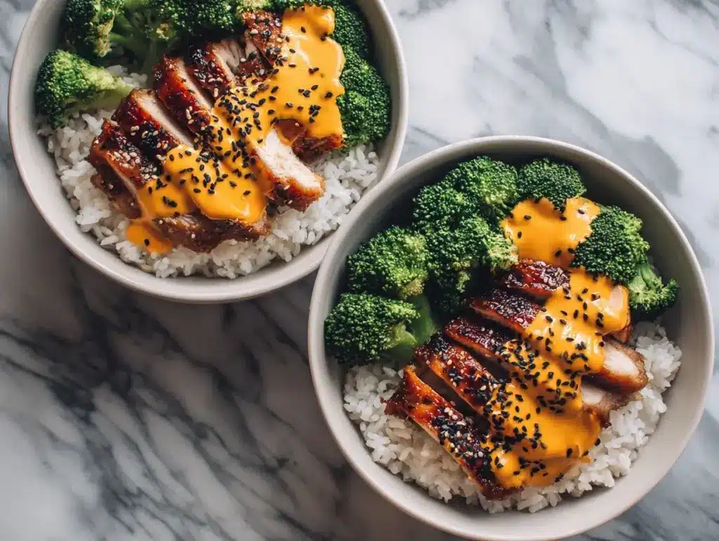 sticky chicken rice bowls - featured image
