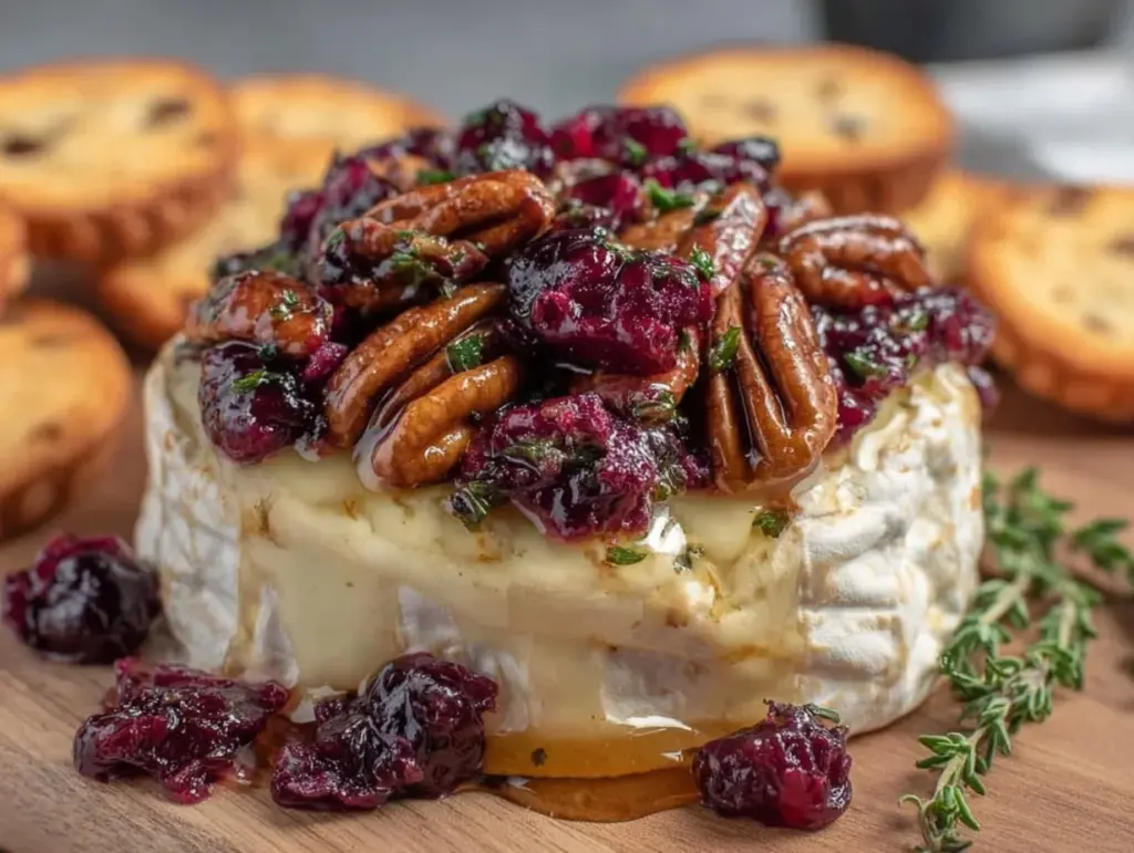 creamy cranberry pecan baked brie - featured image