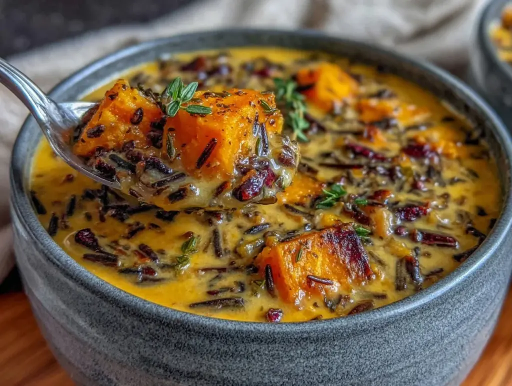 vegan pumpkin wild rice soup - featured image
