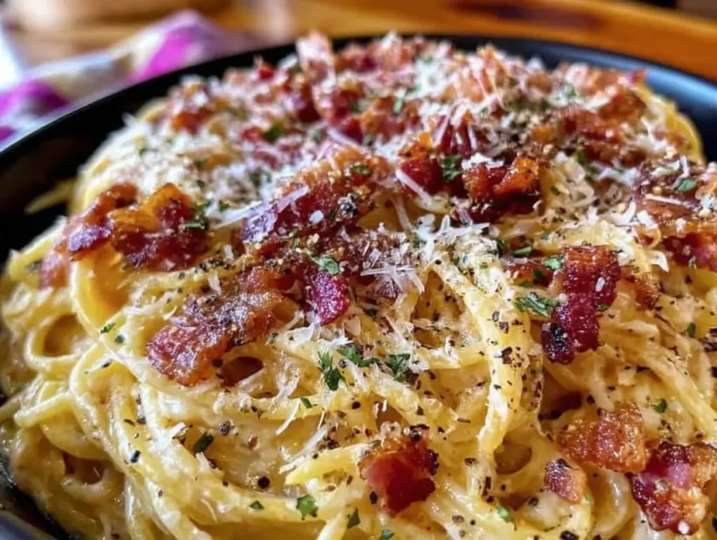 creamy bacon carbonara pasta - featured image