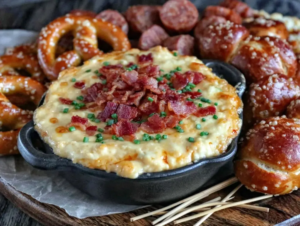 creamy beer cheese dip with bacon - featured image