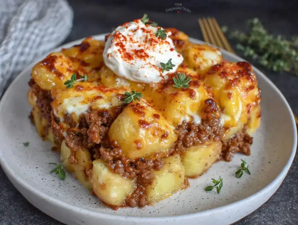 creamy ground beef and potatoes casserole - featured image