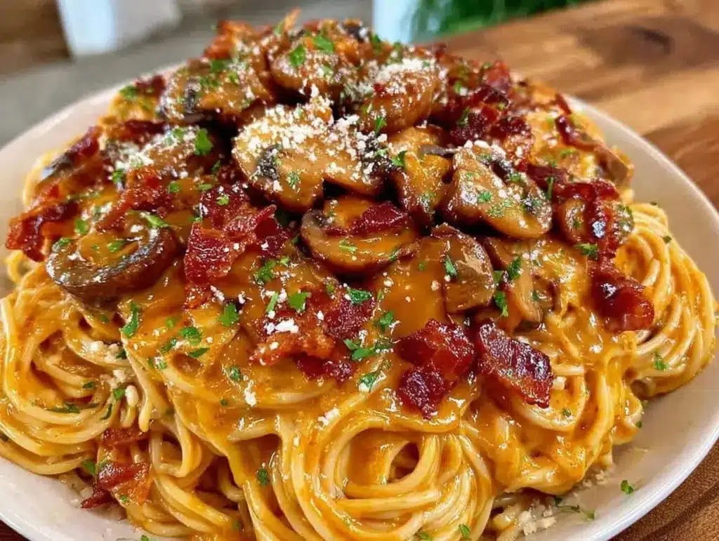 creamy pumpkin mushroom spaghetti - featured image