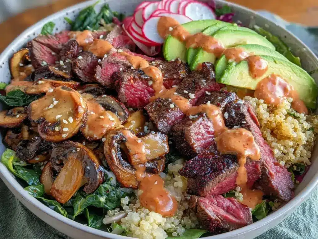 flavorful nourish bowl with steak strips - featured image