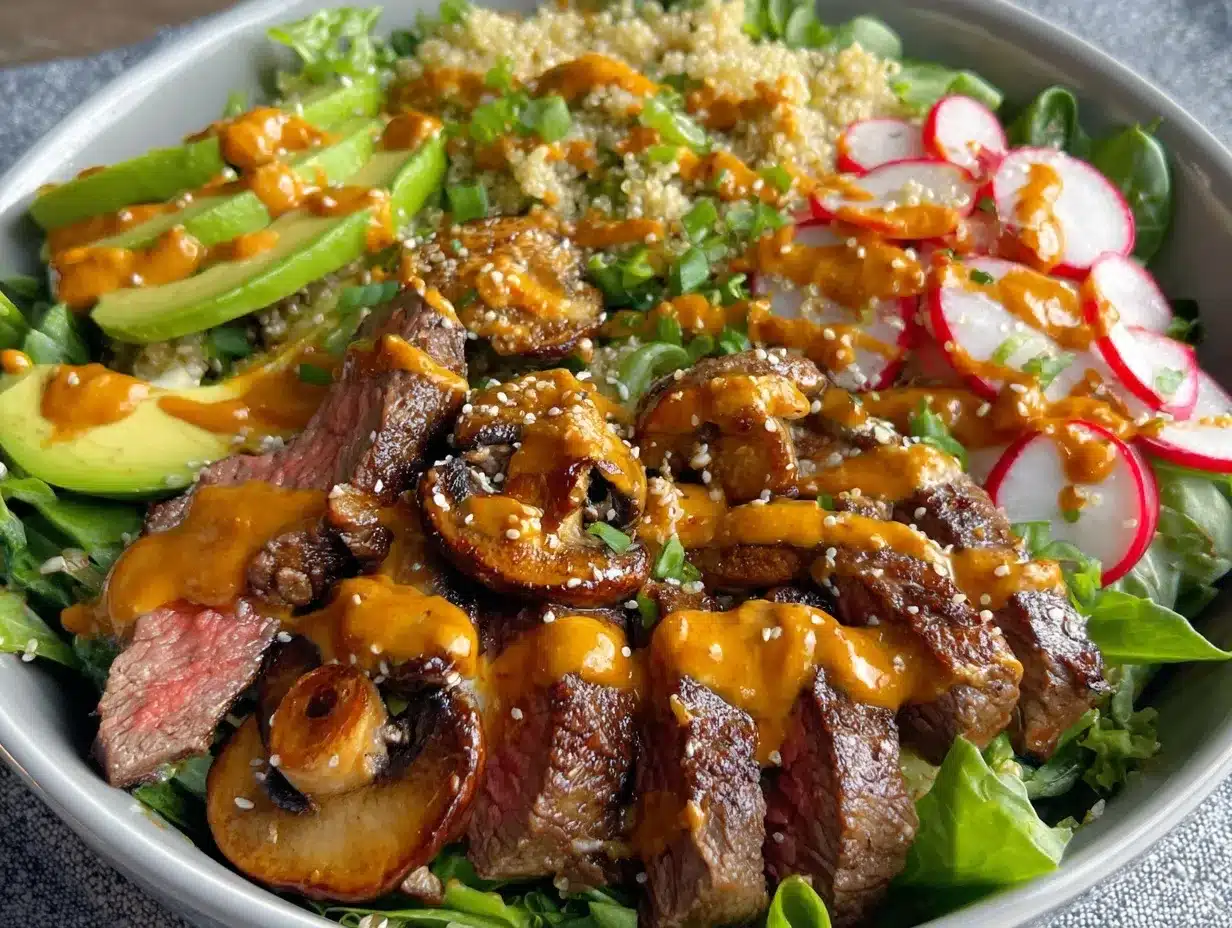 flavorful nourish bowl with steak strips preparation steps