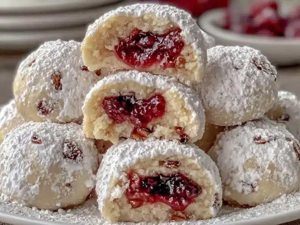 raspberry filled almond snowball cookies - featured image