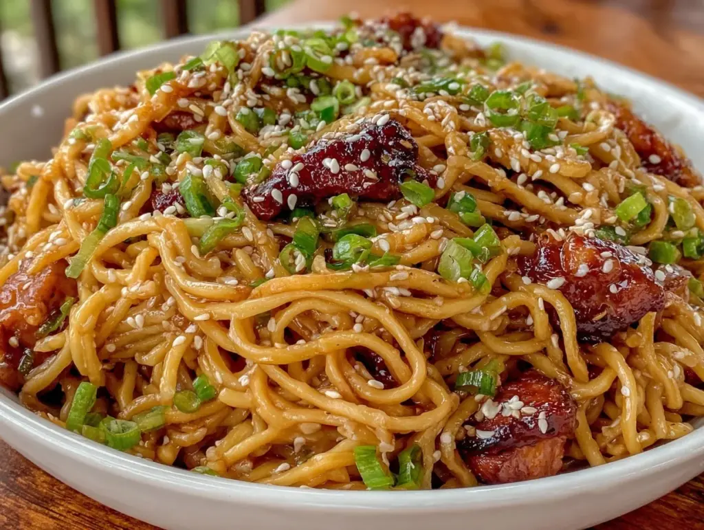 sticky garlic chicken noodles - featured image
