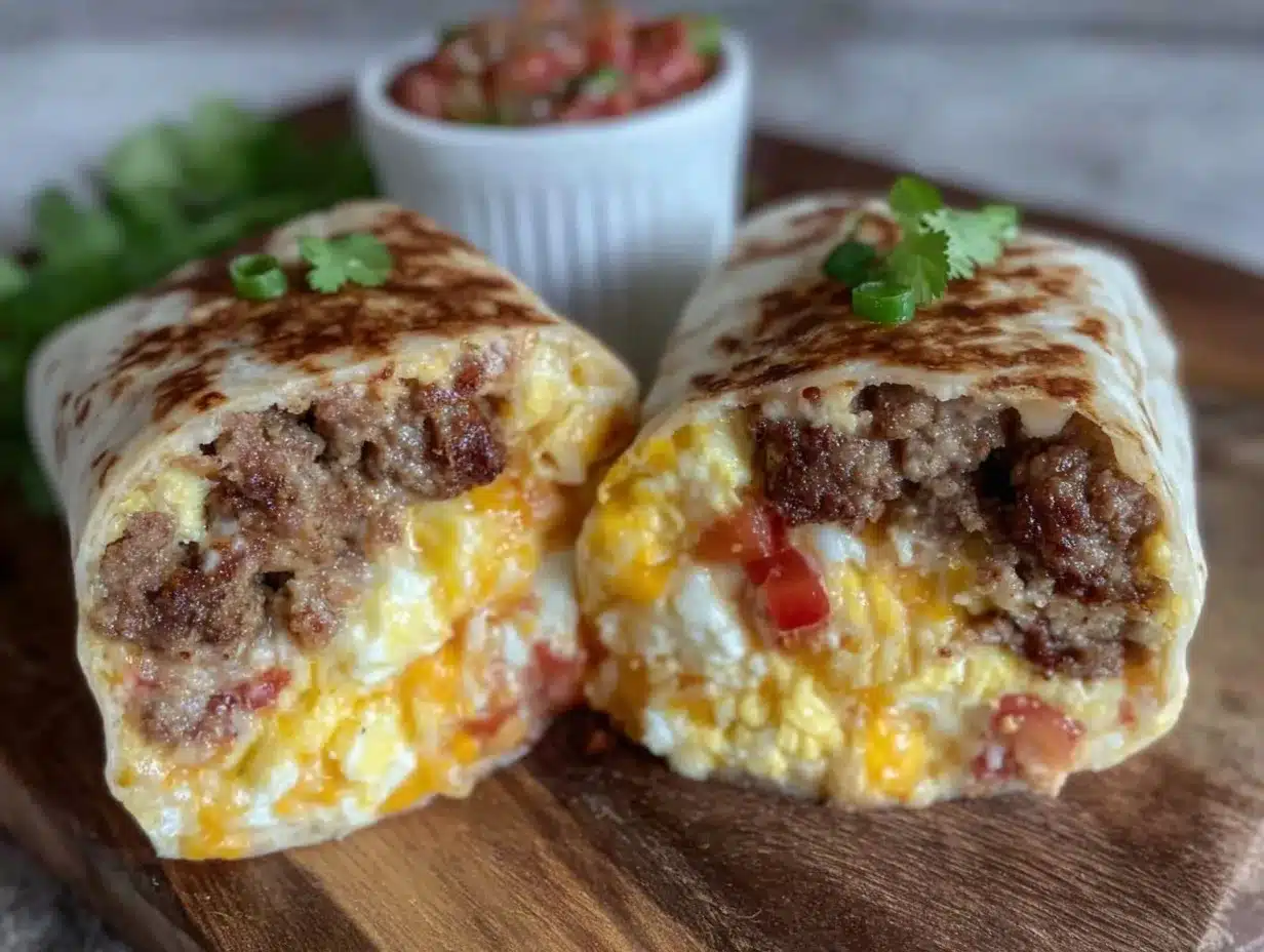 cozy breakfast burrito with sausage and eggs preparation steps
