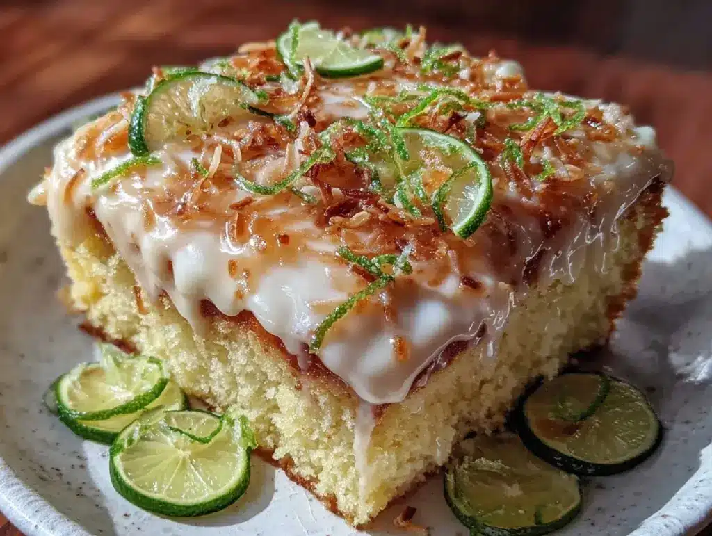 creamy coconut lime poke cake - featured image