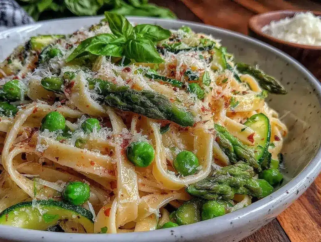 creamy fettuccine with spring vegetables and parmesan - featured image