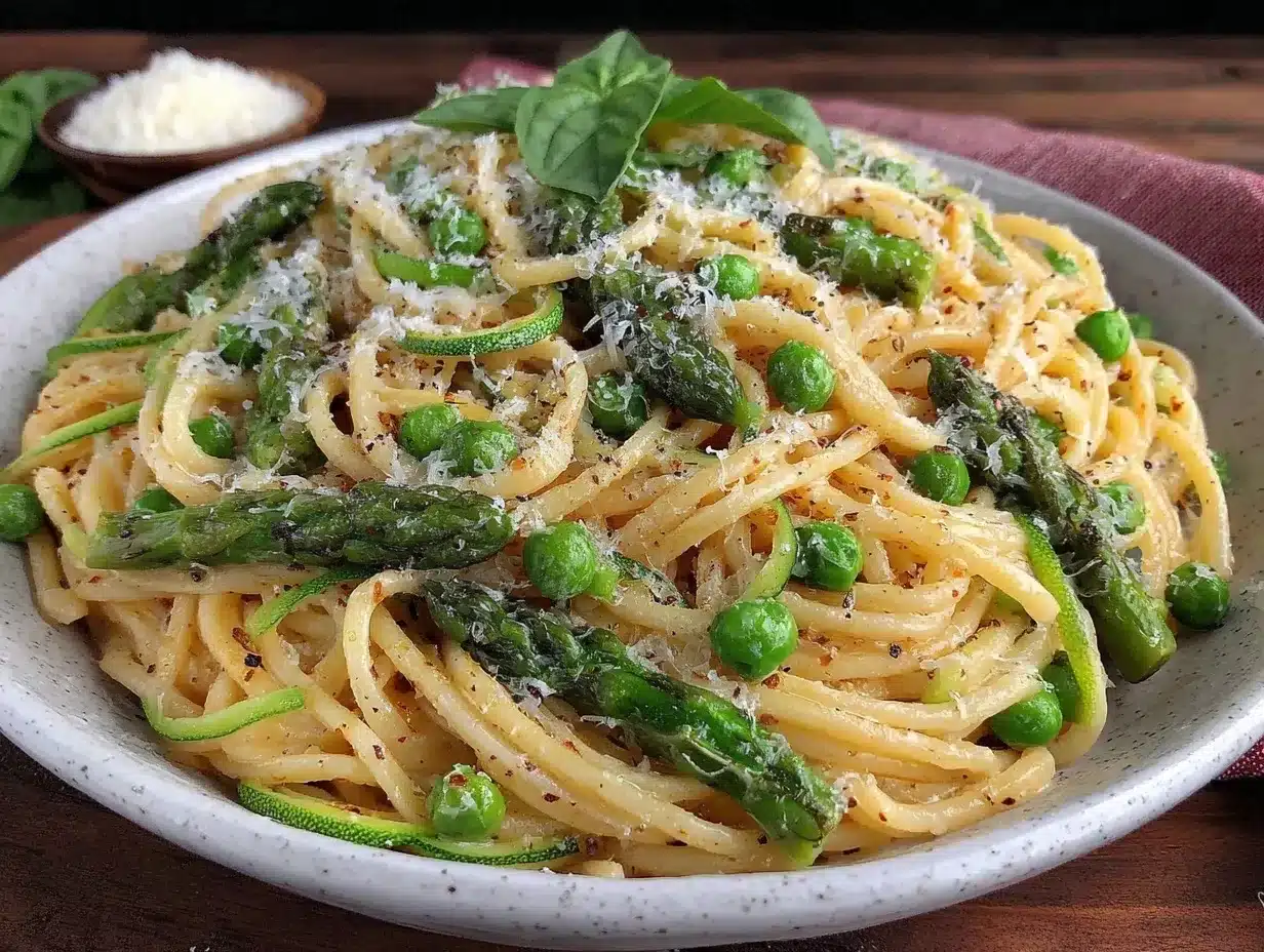 creamy fettuccine with spring vegetables and parmesan preparation steps