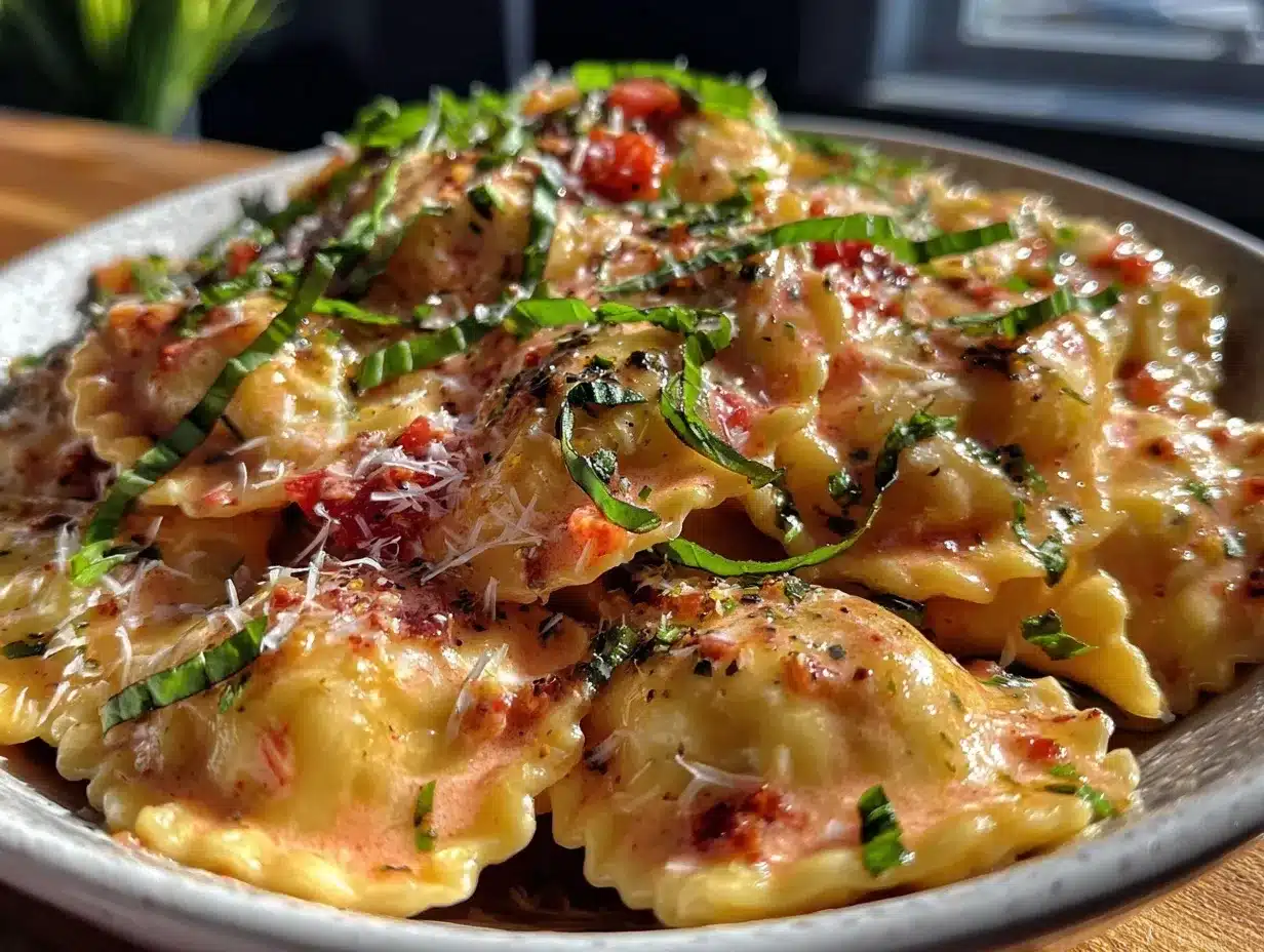 creamy heart-shaped ravioli with pink sauce preparation steps