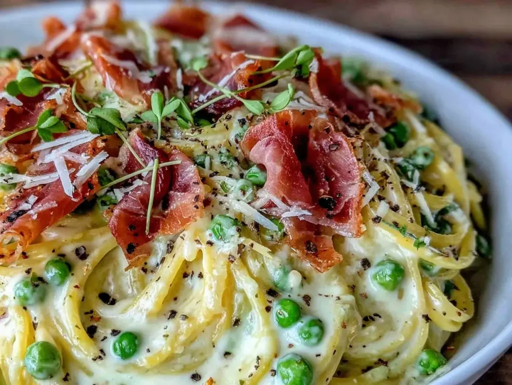creamy pea and prosciutto pasta - featured image