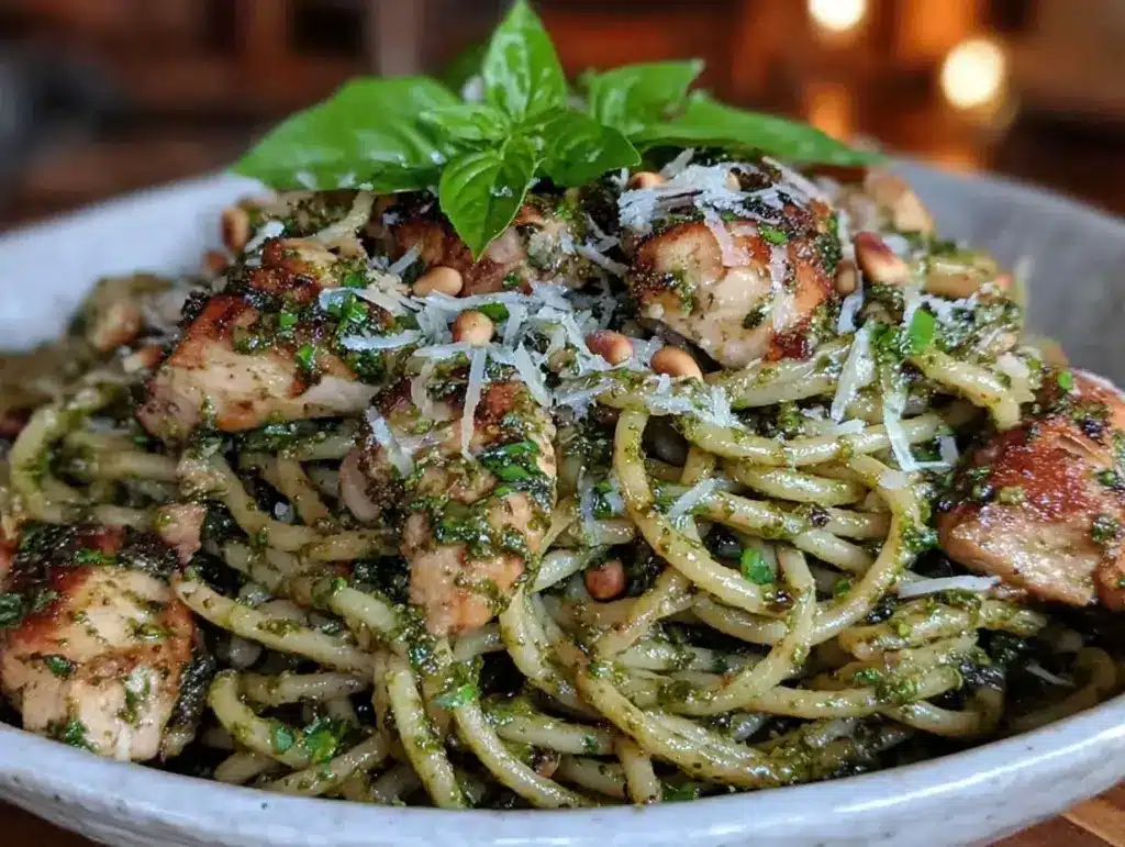 creamy pesto chicken pasta - featured image