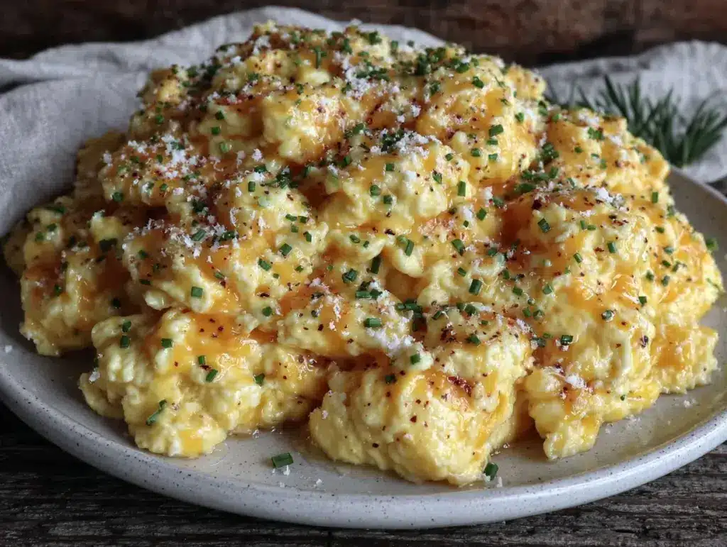 creamy scrambled eggs with cheese and fresh herbs - featured image