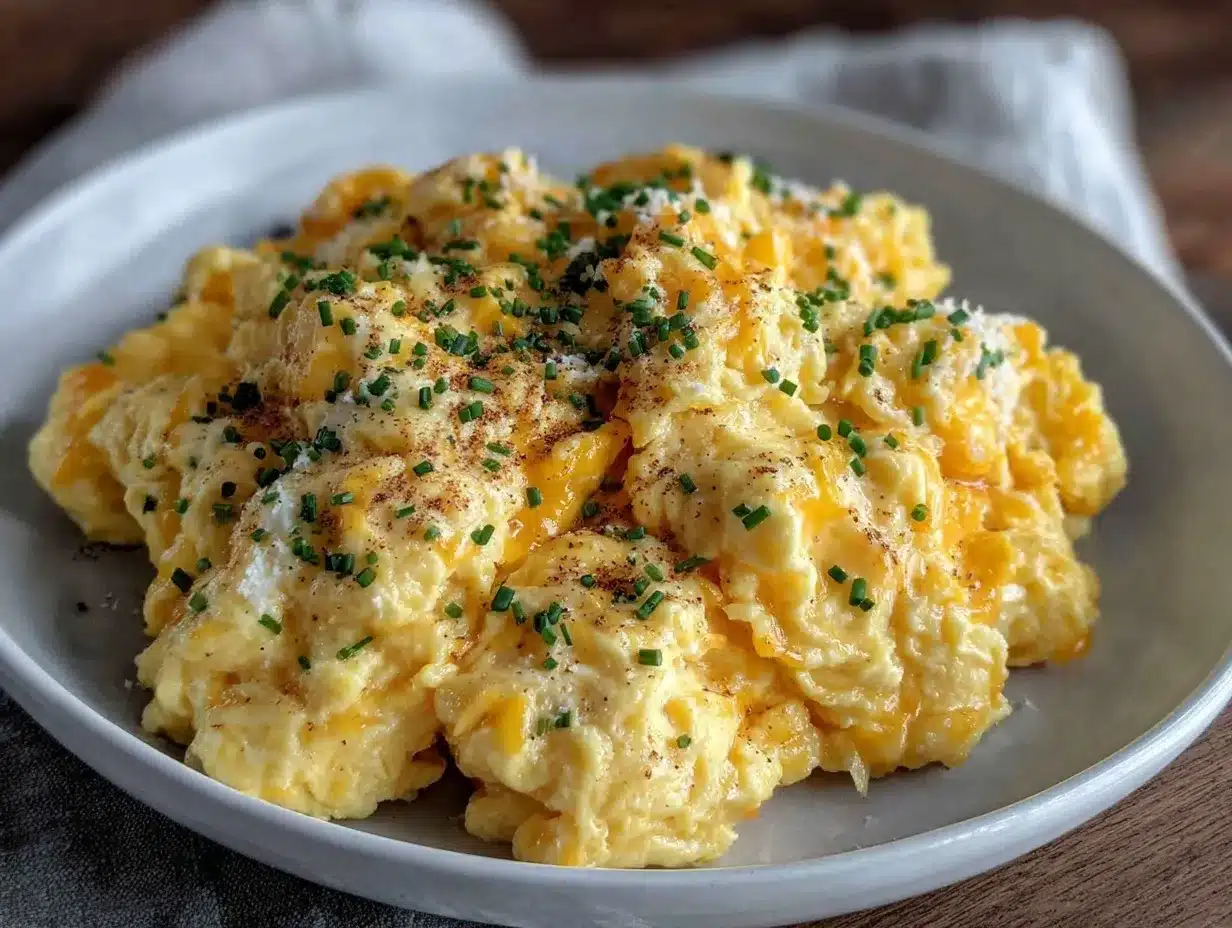 creamy scrambled eggs with cheese and fresh herbs preparation steps
