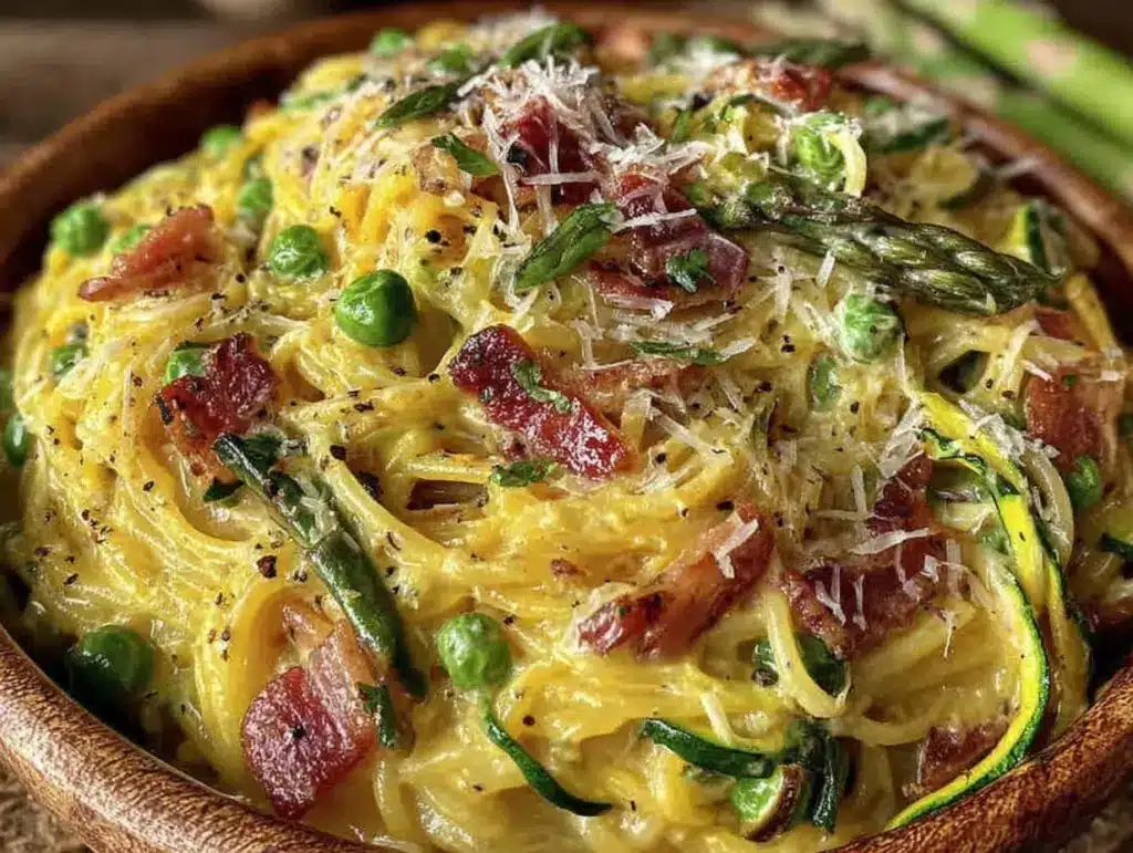 creamy spring vegetable carbonara - featured image