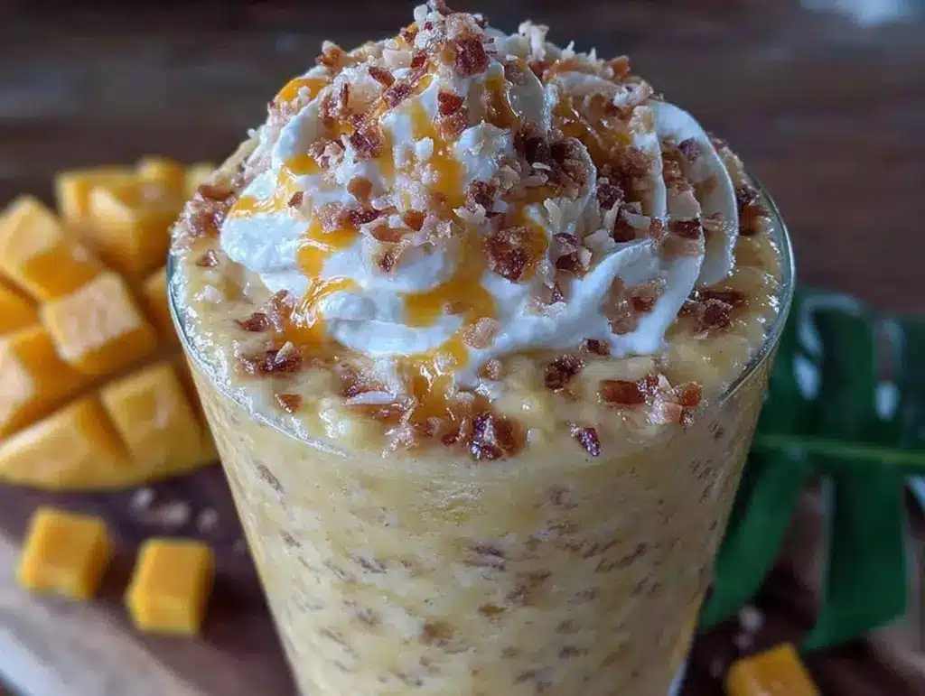 creamy tropical protein smoothie with mango - featured image