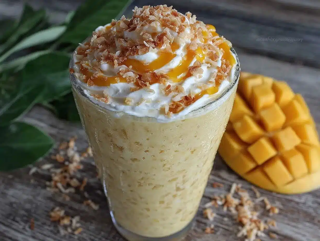 creamy tropical protein smoothie with mango preparation steps