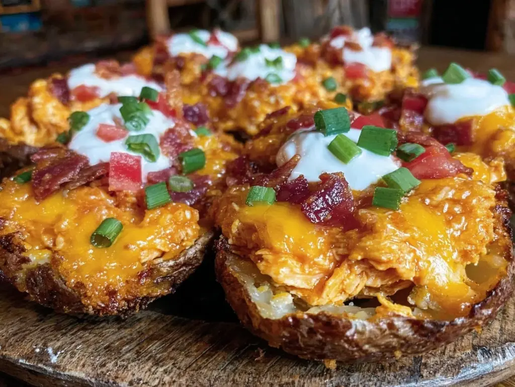 crispy buffalo chicken loaded potato skins - featured image
