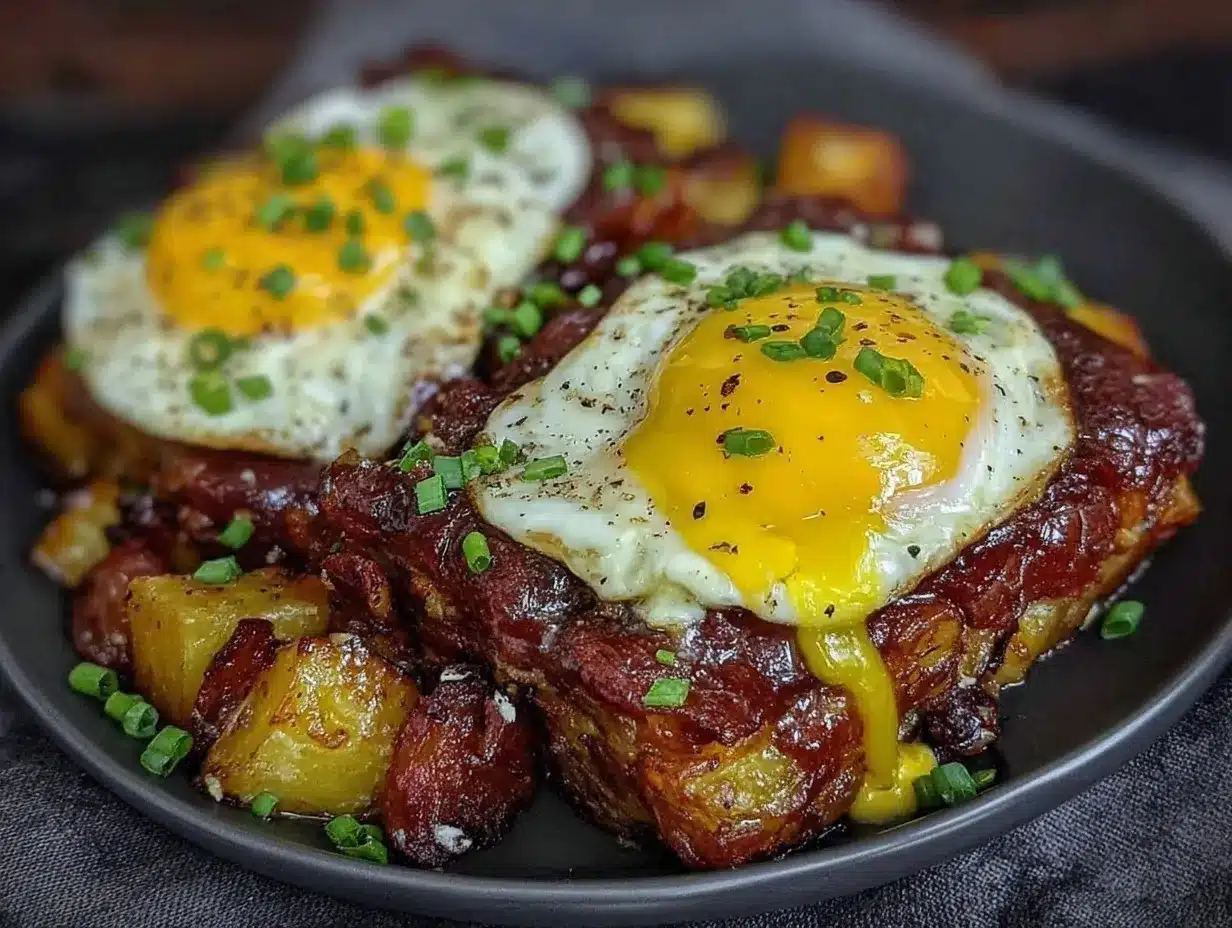crispy corned beef hash with poached eggs preparation steps